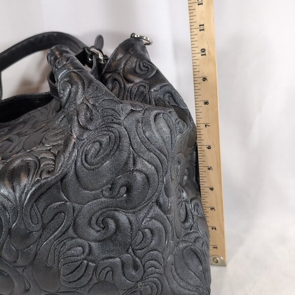 Isadora Italy Tooled Leather Purse Black Large Shoulder Bag Tote Swirls MSRP$425 - Picture 11 of 16